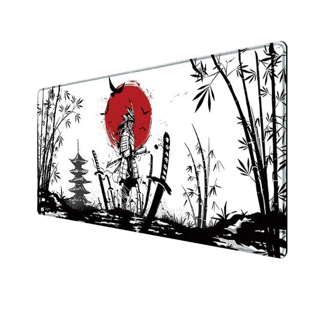 Japanese samurai design cloth gaming mouse pad on a desk, showing non-slip base and custom artwork.