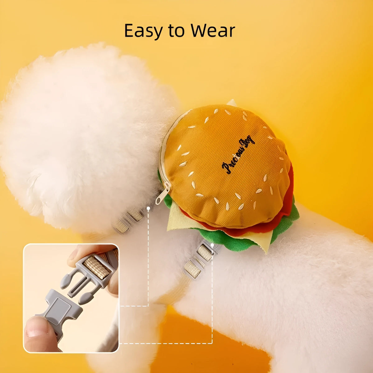 Cartoon hamburger design adjustable escape-proof vest harness and leash for a dog on a walk.