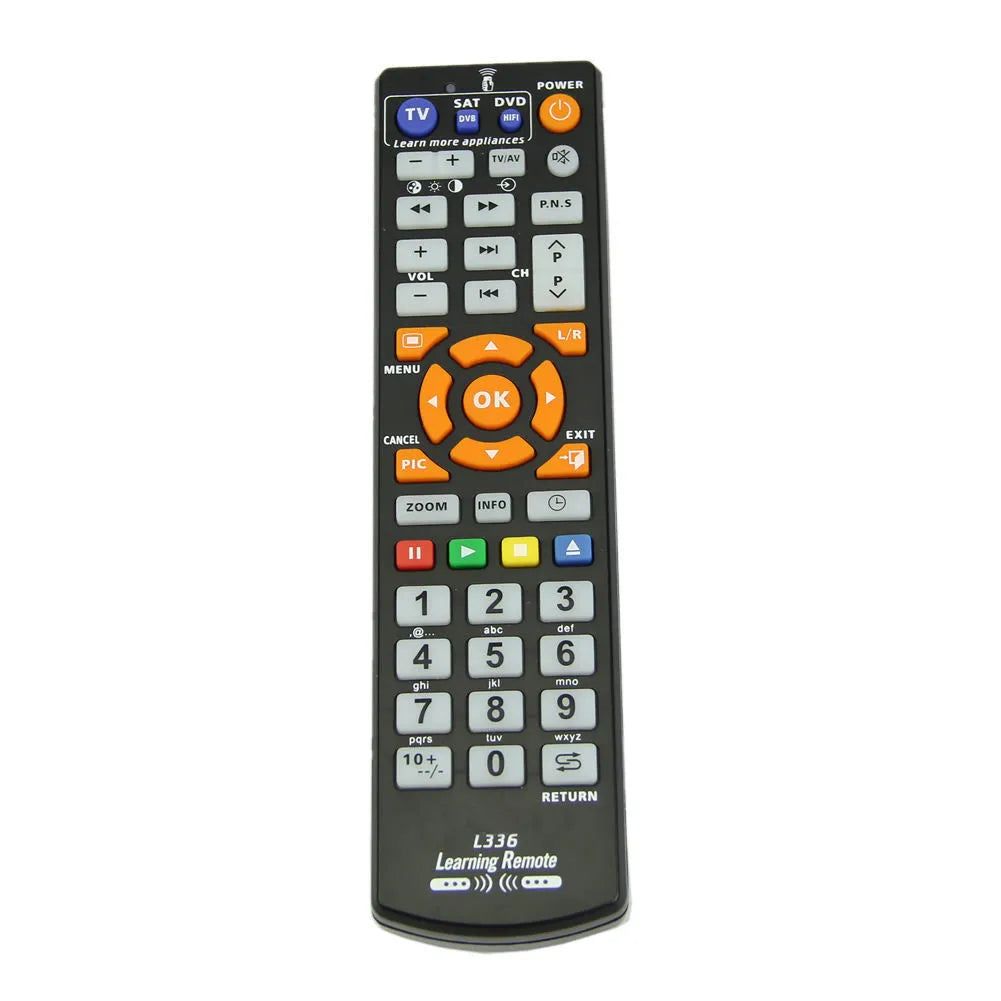 Black L336 learning remote control showing full key layout with programming capability for audio equipment