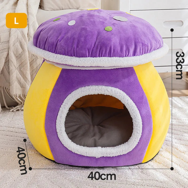 Grey mushroom-shaped cat nest bed with plush lining and a detachable blanket