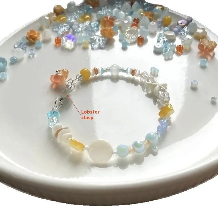 Orange seaside alloy bracelet with diamond charm and round beads for women's summer wear