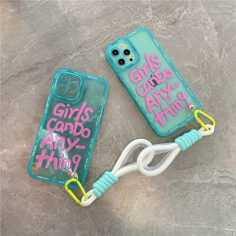 Mint green graffiti personalised iPhone case with painted animal design and attached black lanyard.