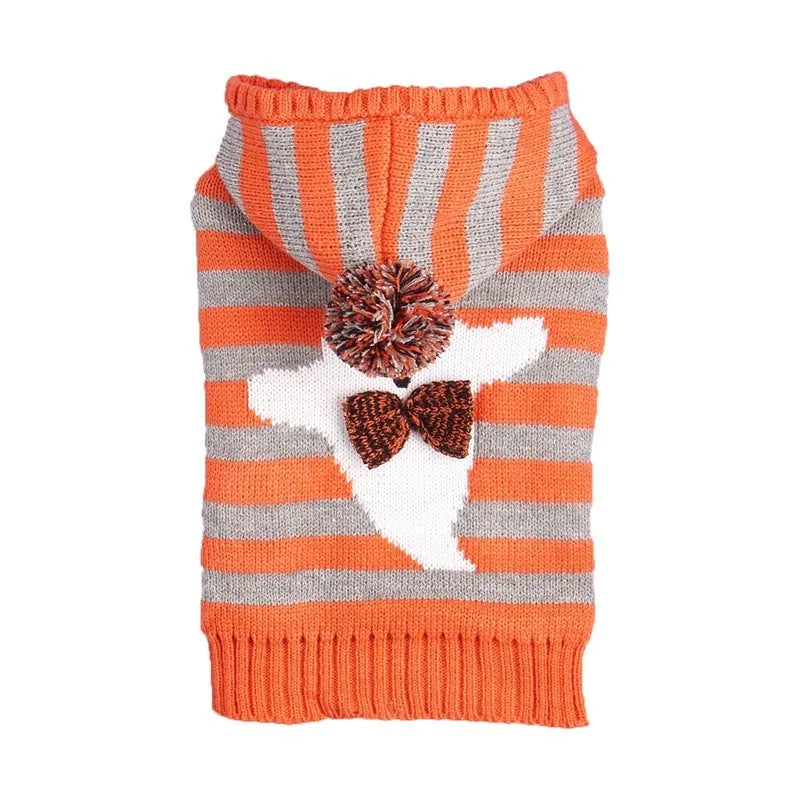 Orange striped Halloween pet sweater with knitted acrylic construction and hooded fur ball detailing