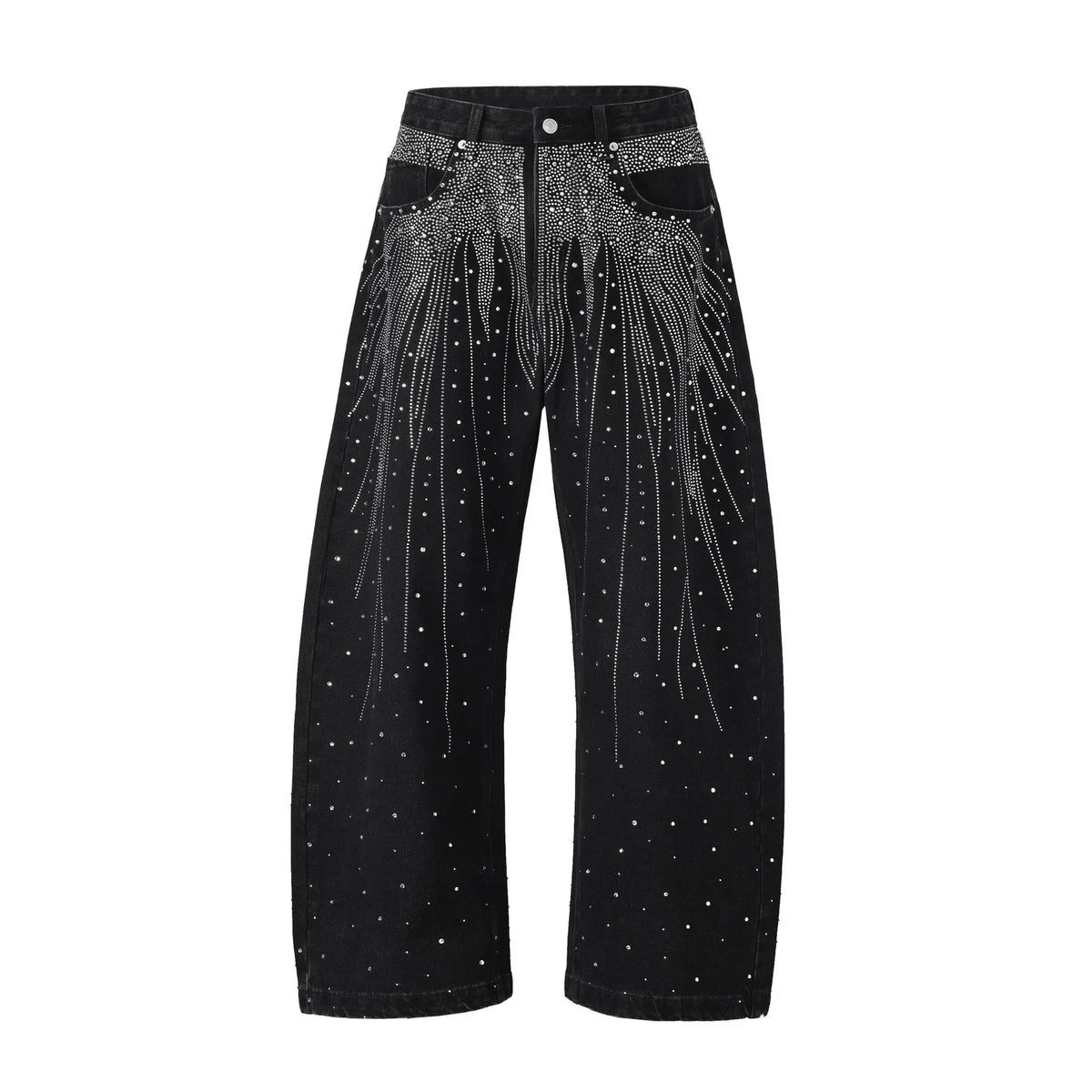 Blue and black women's loose-fitting cotton wide-leg trousers on a hanger.