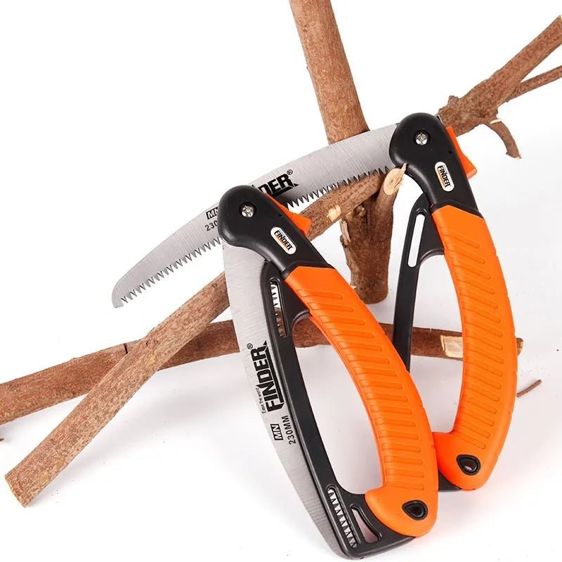 230mm folding garden saw with TPR grip showing folded and open positions