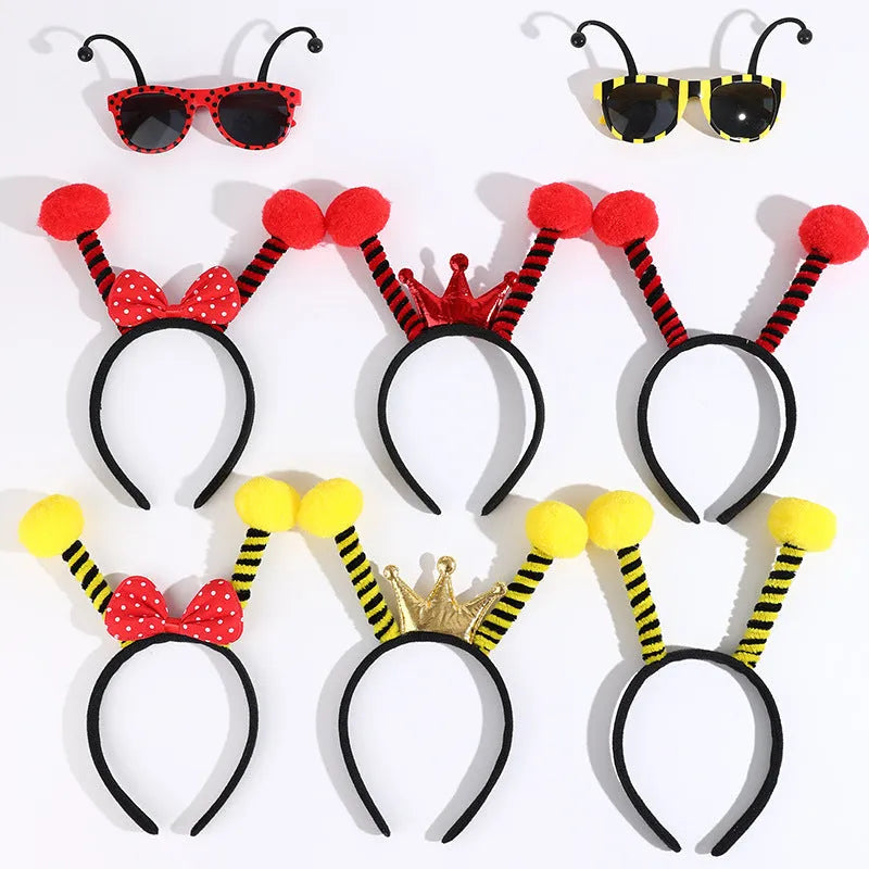Yellow bee costume headband and matching glasses set on mannequin display