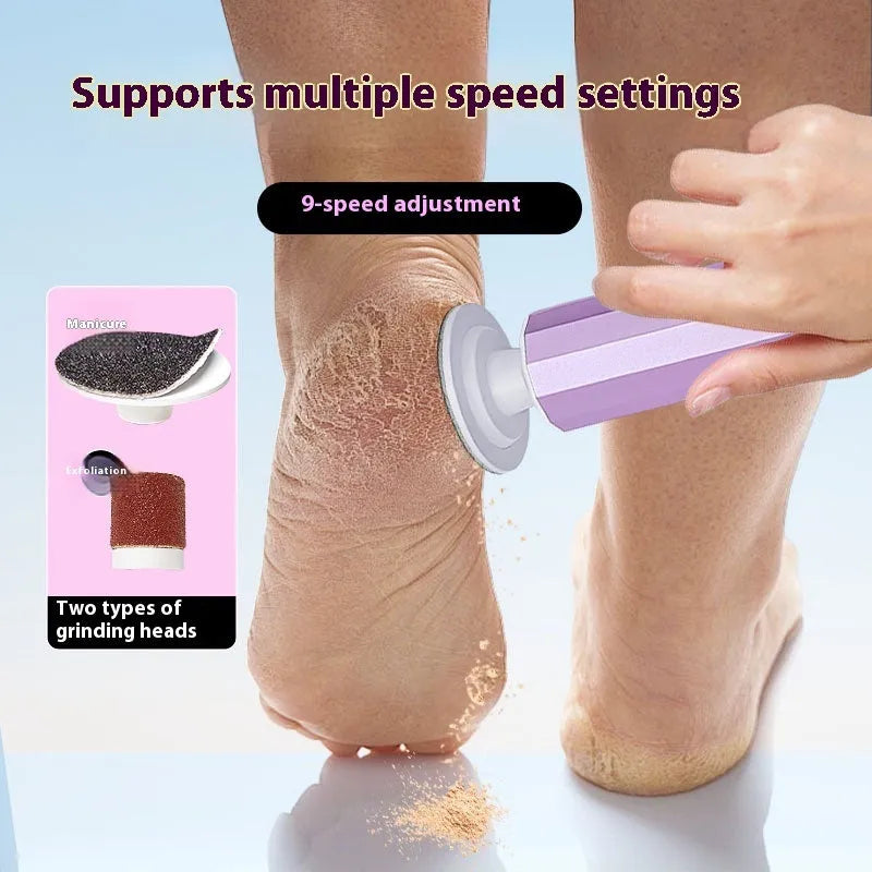 USB-powered electric callus remover tool with assorted sanding discs in pink, black, or purple colour.