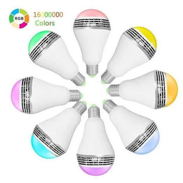 Smart LED E27 bulb with integrated Bluetooth speaker showing RGB lighting effects