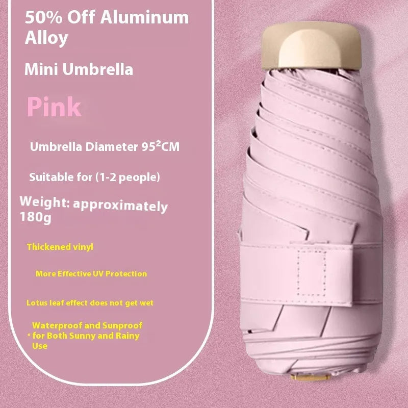 Closed five-fold manual umbrella with a gradient vinyl sunshade, showing the six-alloy-bone frame and one of eight colour options.