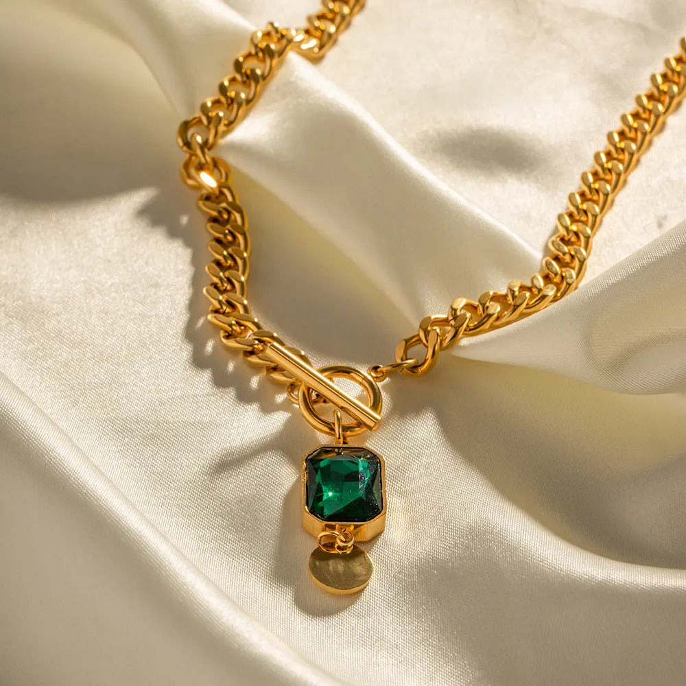 Gold titanium steel French retro necklace with emerald zircon geometric pendant on Cuban link chain