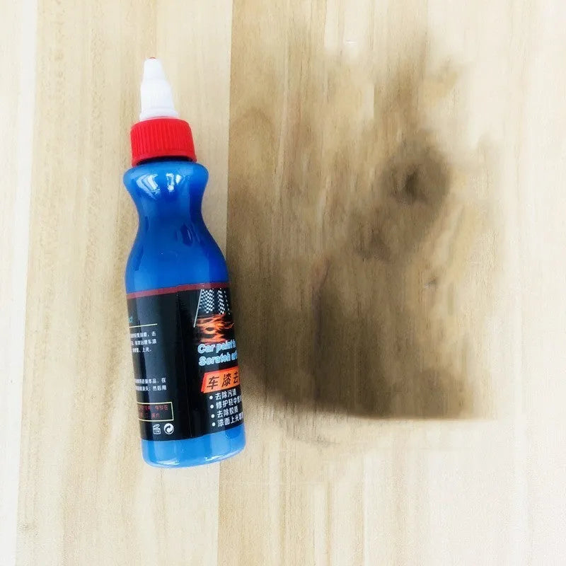 Automotive scratch repair agent bottle with dedicated wiping tool for car surface imperfections