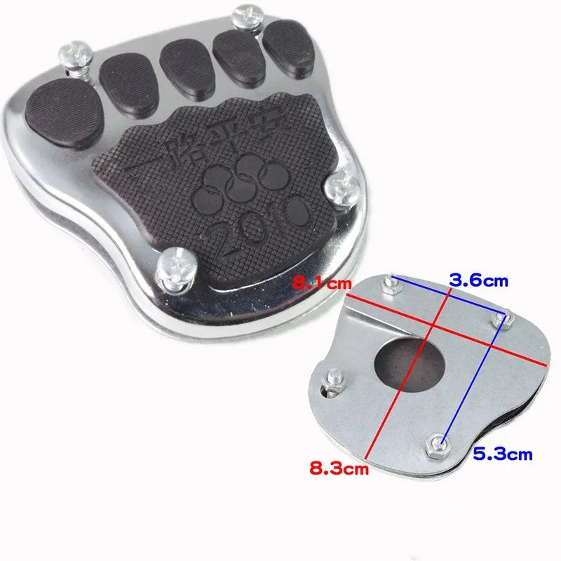 Metal motorcycle brake pedal skid plate accessory shown in three style variations.