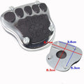 Metal motorcycle brake pedal skid plate accessory shown in three style variations.
