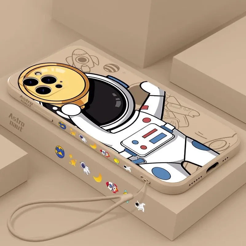 Silicone iPhone case with cartoon astronaut and starry sky design in black, khaki, or blue