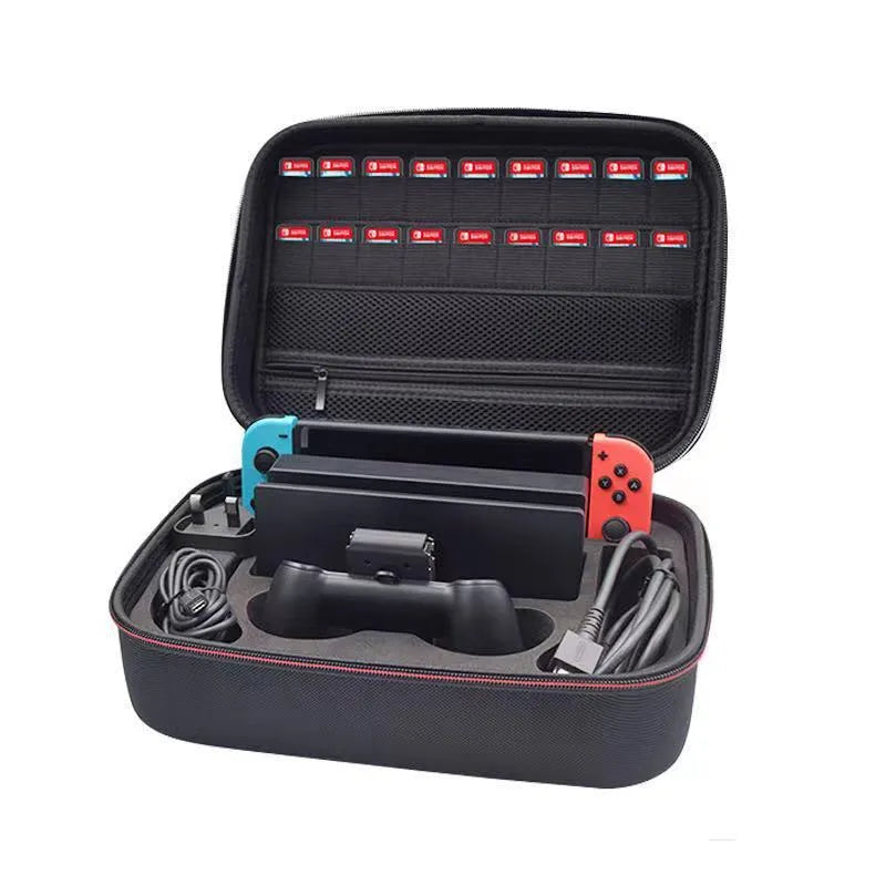 Black EVA game console storage bag with offset print design available in two sizes for hardware protection