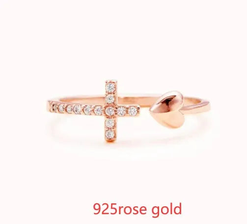 S925 sterling silver love cross open ring for women in white gold or rose gold colour with adjustable band
