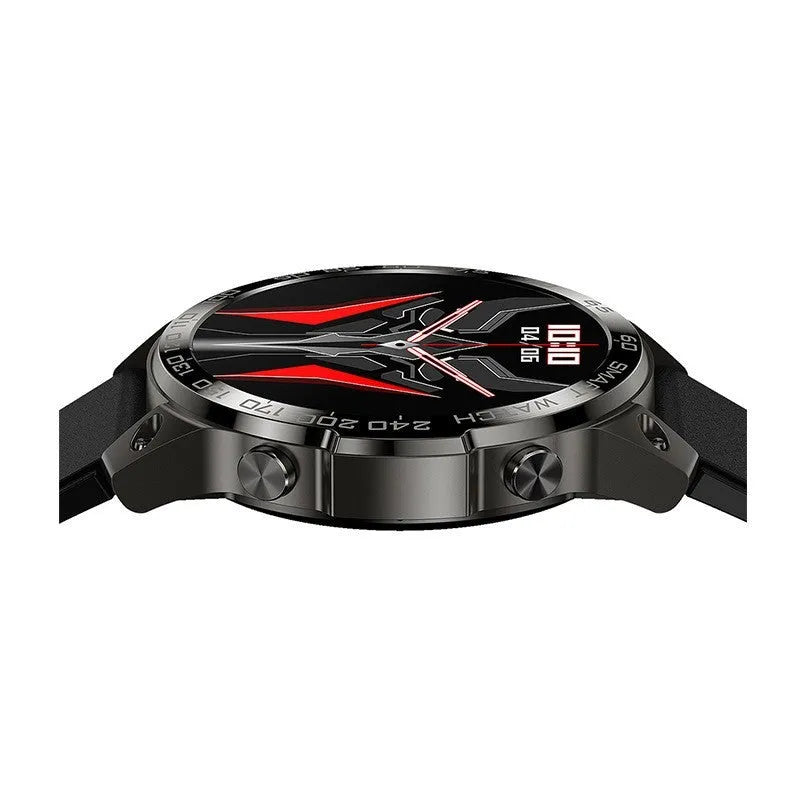 Bluetooth sports smartwatch with circular AMOLED screen showing fitness metrics on silicone strap