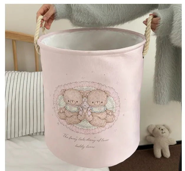 Foldable cotton cloth laundry basket with bear print design for bedroom storage