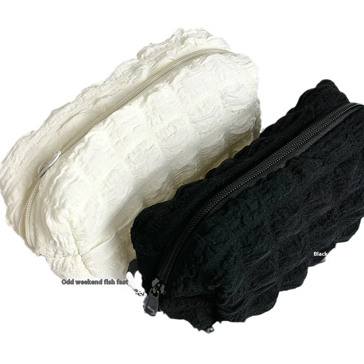 Fashion personality cream puff style polyester pencil case in beige or black colours with zip closure
