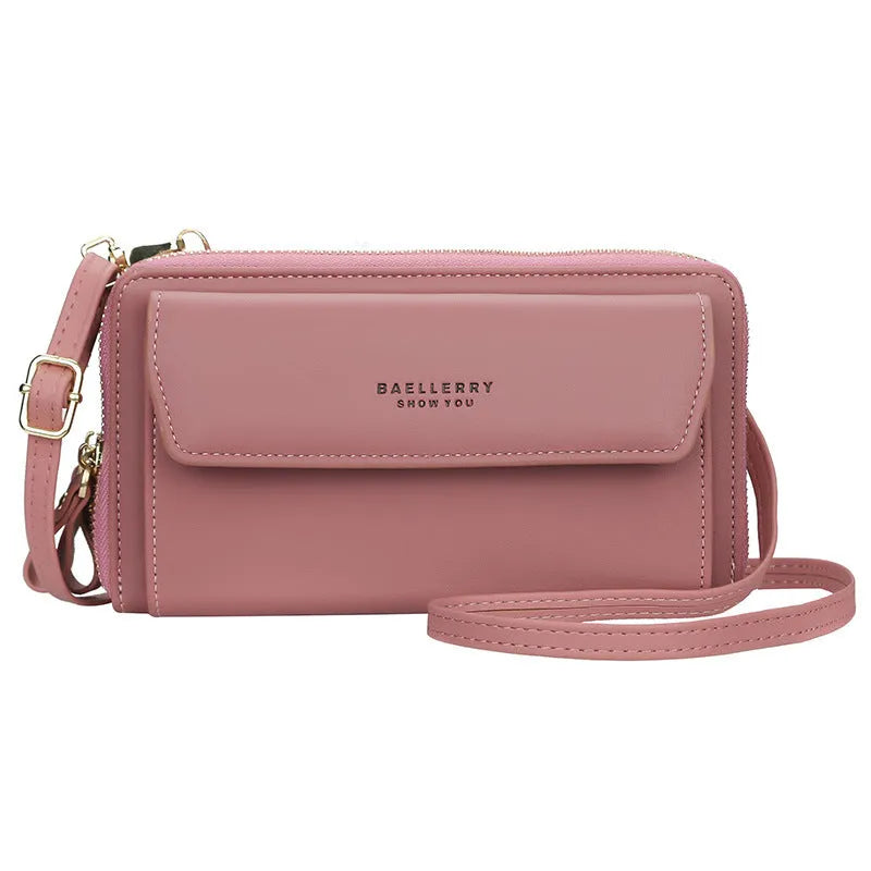 Soft PU leather ladies long wallet with double zip, shown in one of six colours, featuring a horizontal square shape.