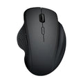 Grey and black wireless computer mouse with USB charging cable on a white box