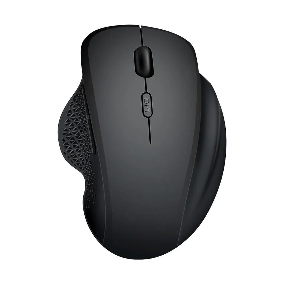 Grey and black wireless computer mouse with USB charging cable on a white box