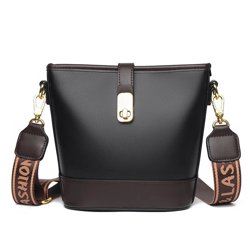 Korean style soft PU leather bucket bag with double shoulder straps in black colour showing internal organisation compartments