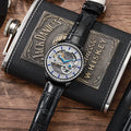 Men's waterproof mechanical watch with zircon detailing on wrist showing stainless steel butterfly buckle