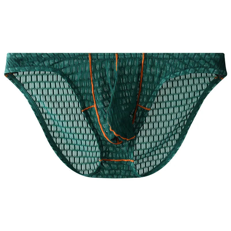 Men's low waist ice silk lace briefs in white, black, green, rose red, and light purple colours.