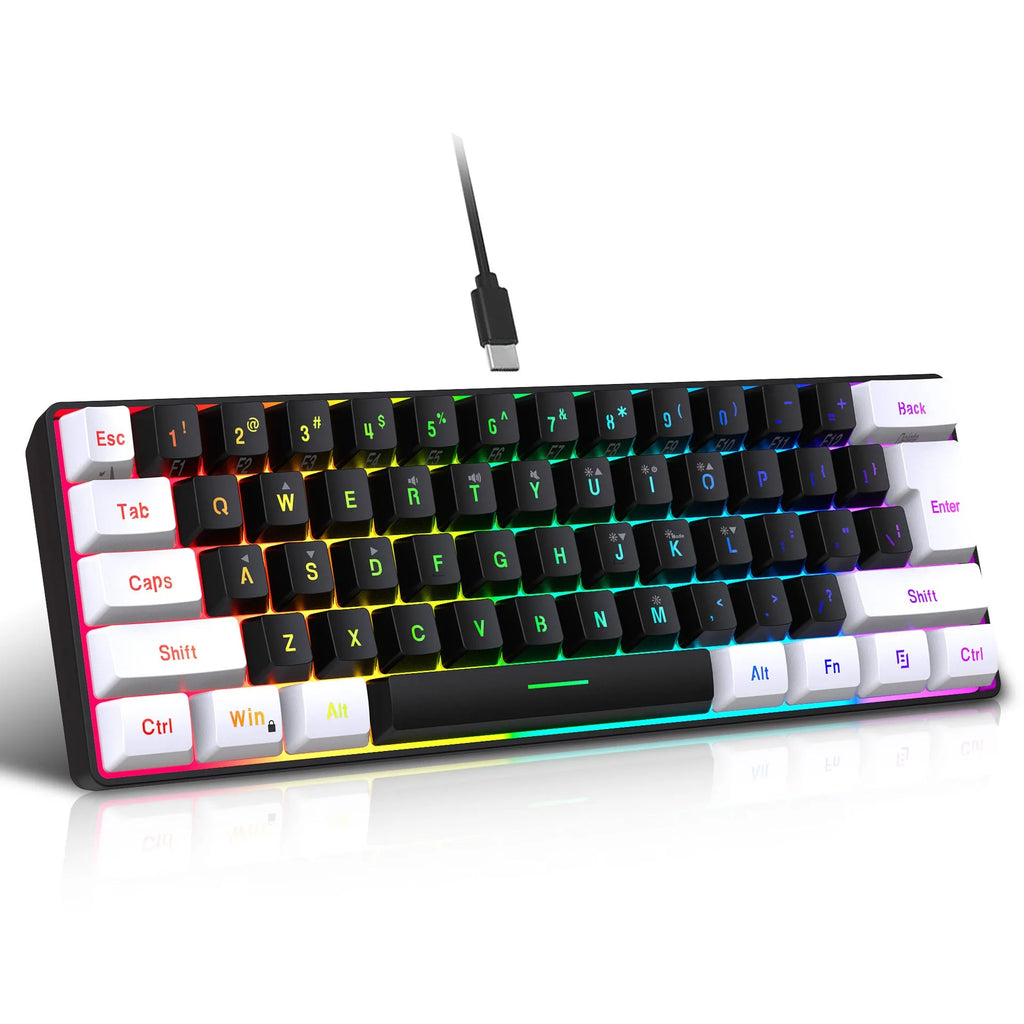Simple wired 61-key membrane keyboard with compact UK layout in white and black colour scheme