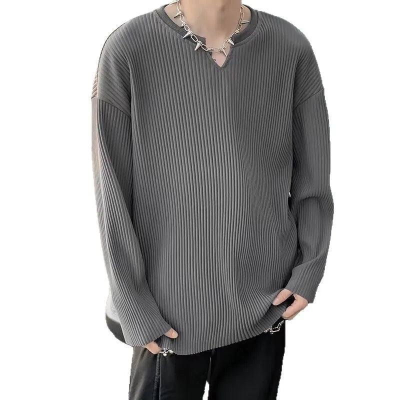 Plus size women's striped texture pullover top with long sleeves in loose fit