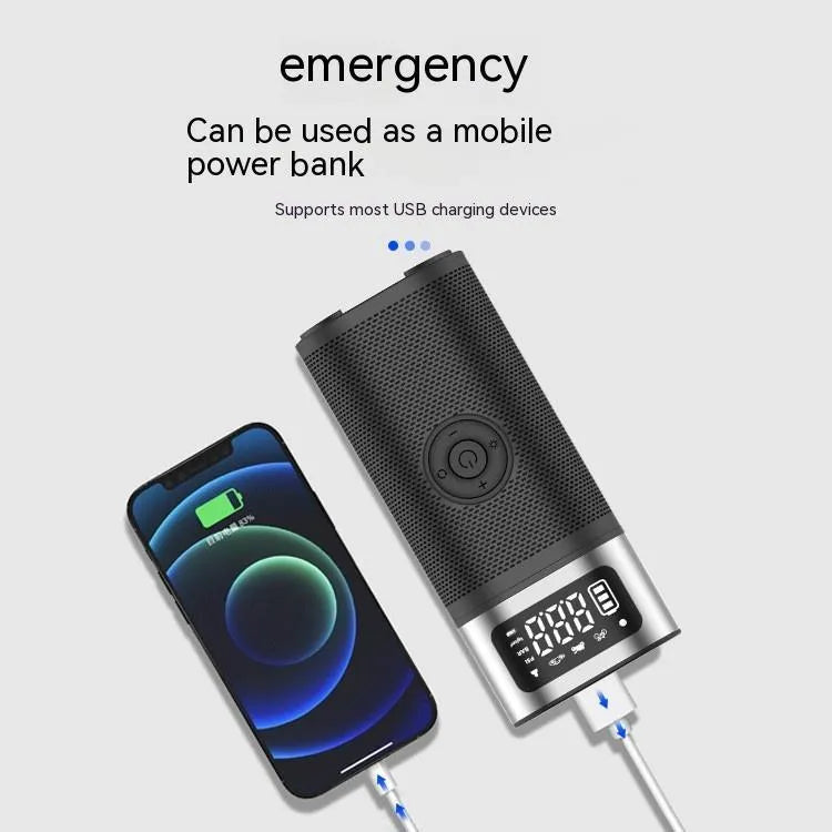 Black portable wireless vehicle air pump with USB charging cable, 15cm tube, and nozzles for bicycle, ball, and swimming ring.
