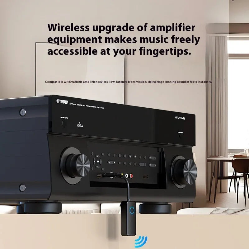 Black Bluetooth 5.4 audio adapter with 3.5mm plug showing wireless connectivity for audio devices