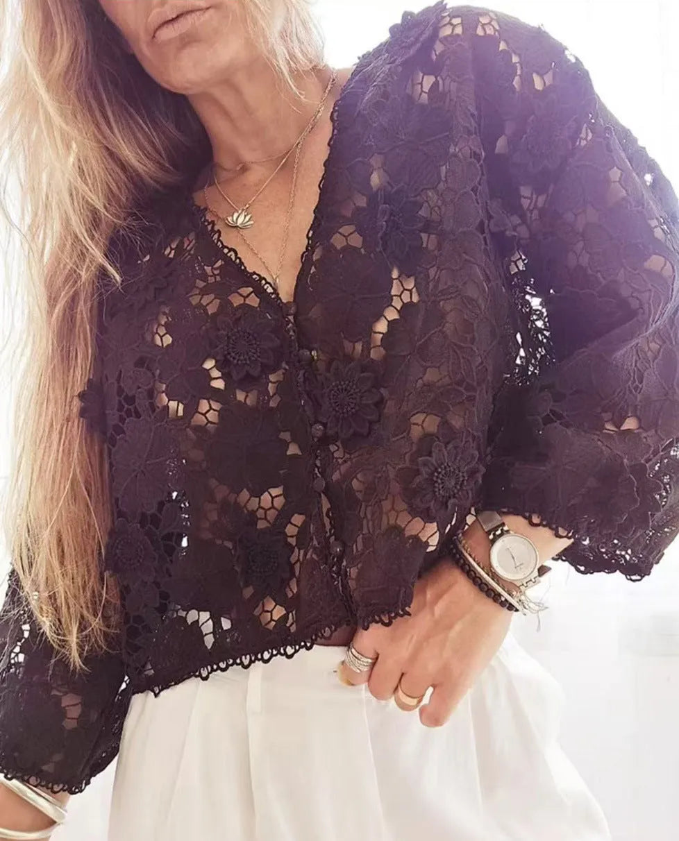 A loose-fit women's lace cardigan with a V-neck, long sleeves, and decorative 3D lace flowers, shown in khaki.