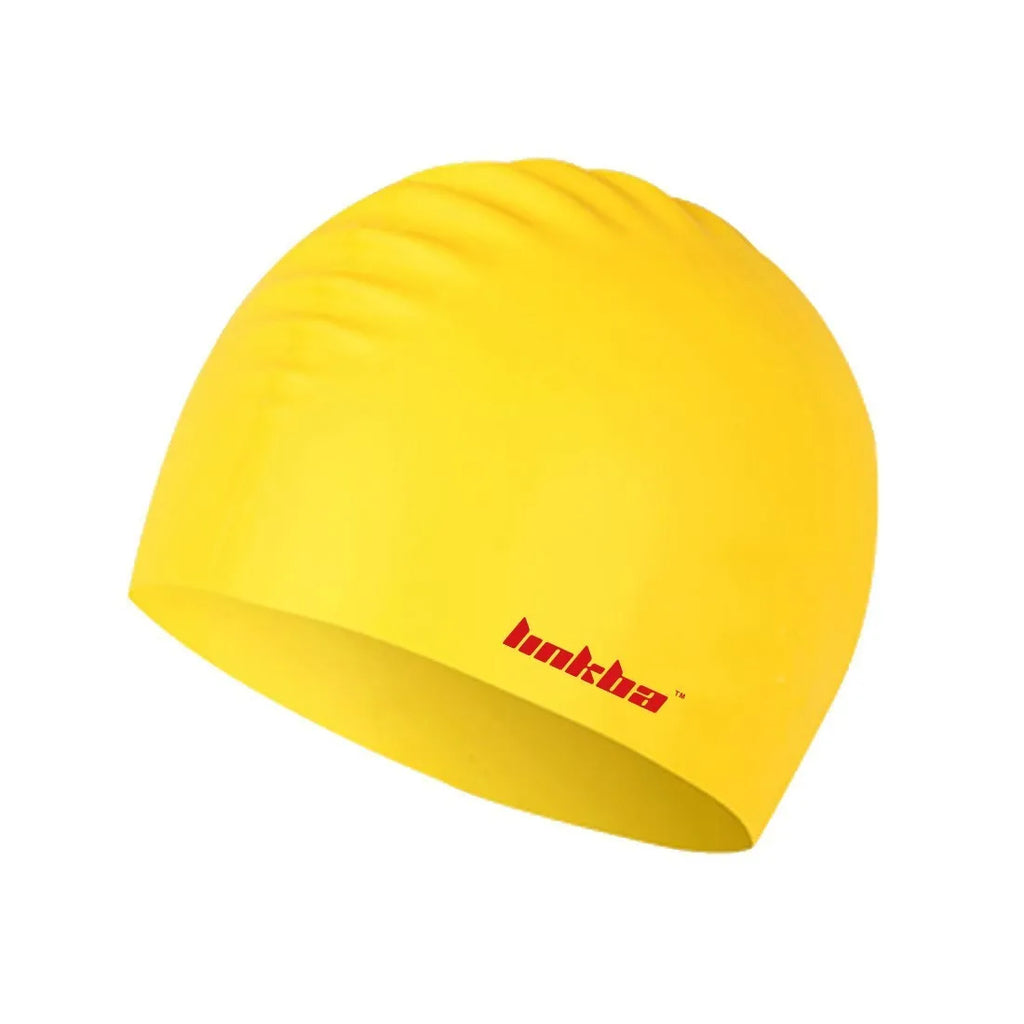 Silicone swimming cap with earmuff design and letter pattern in multiple colour options