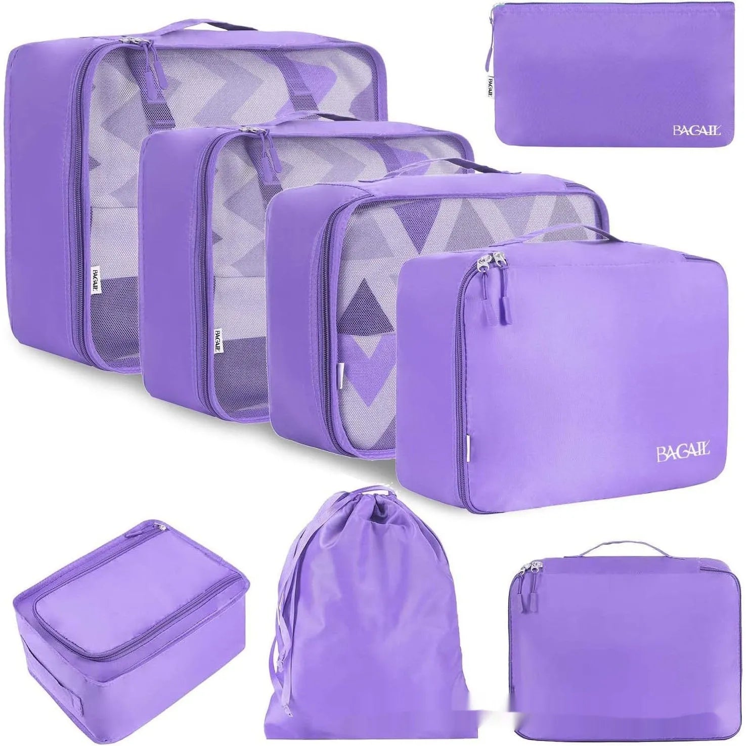 Cubic eight-piece travel packing set showing compression bags in various colours including beige, black, and pink leopard print