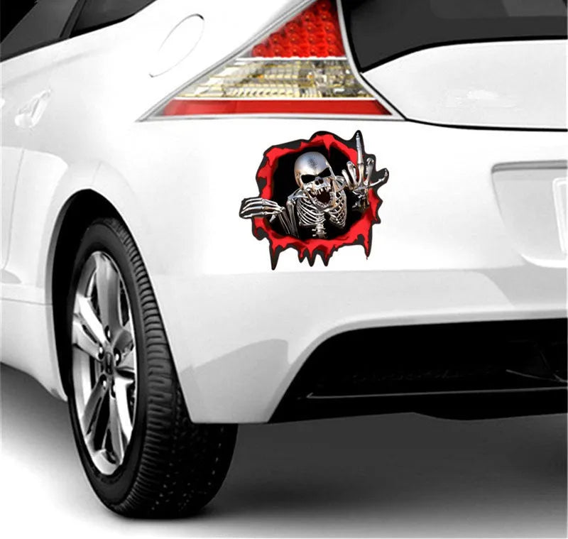 Reflective colourful broken shell metal skull car sticker on PET material, size 15x14cm.