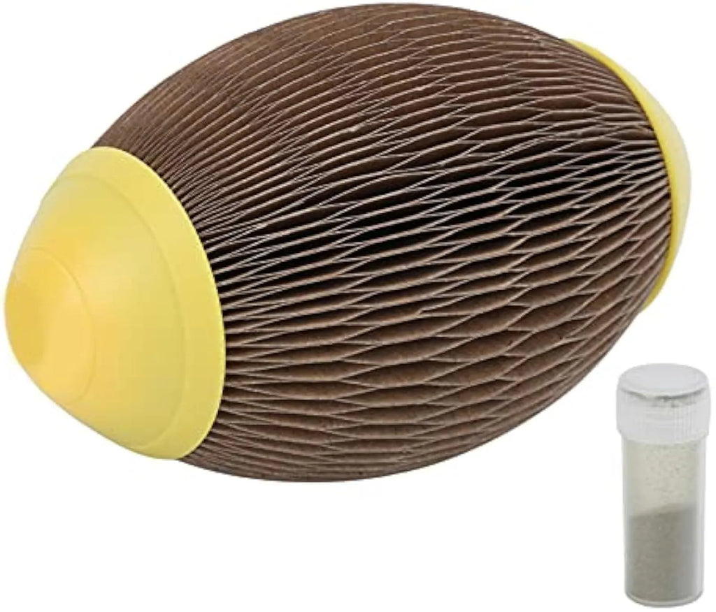 Elliptical corrugated paper catnip football toy measuring 65mm by 108mm