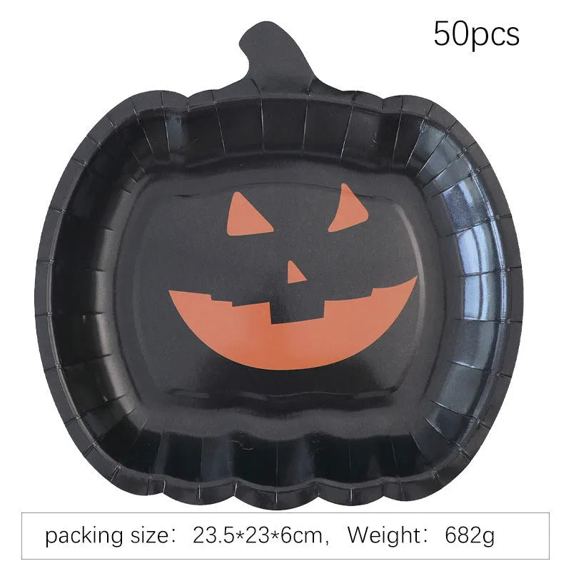 Black Halloween pumpkin design paper plates in 9-inch size showing thickened disposable construction