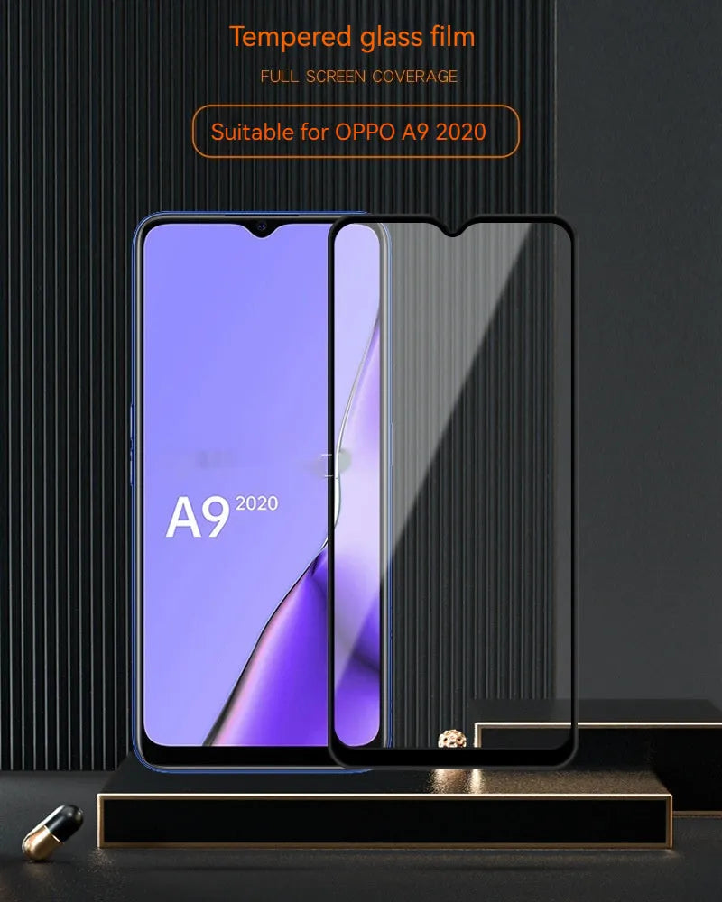 OPPO A9 2020 full screen tempered glass protector with black edges and full glue application