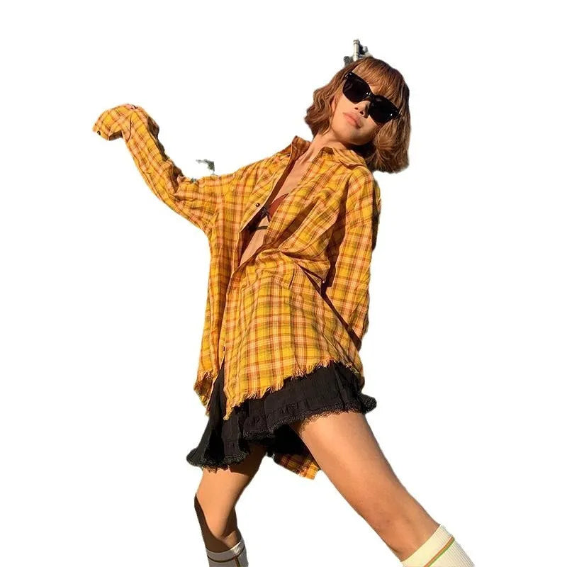 Original American dopamine yellow plaid shirt with loose fit cardigan style for youth leisure wear