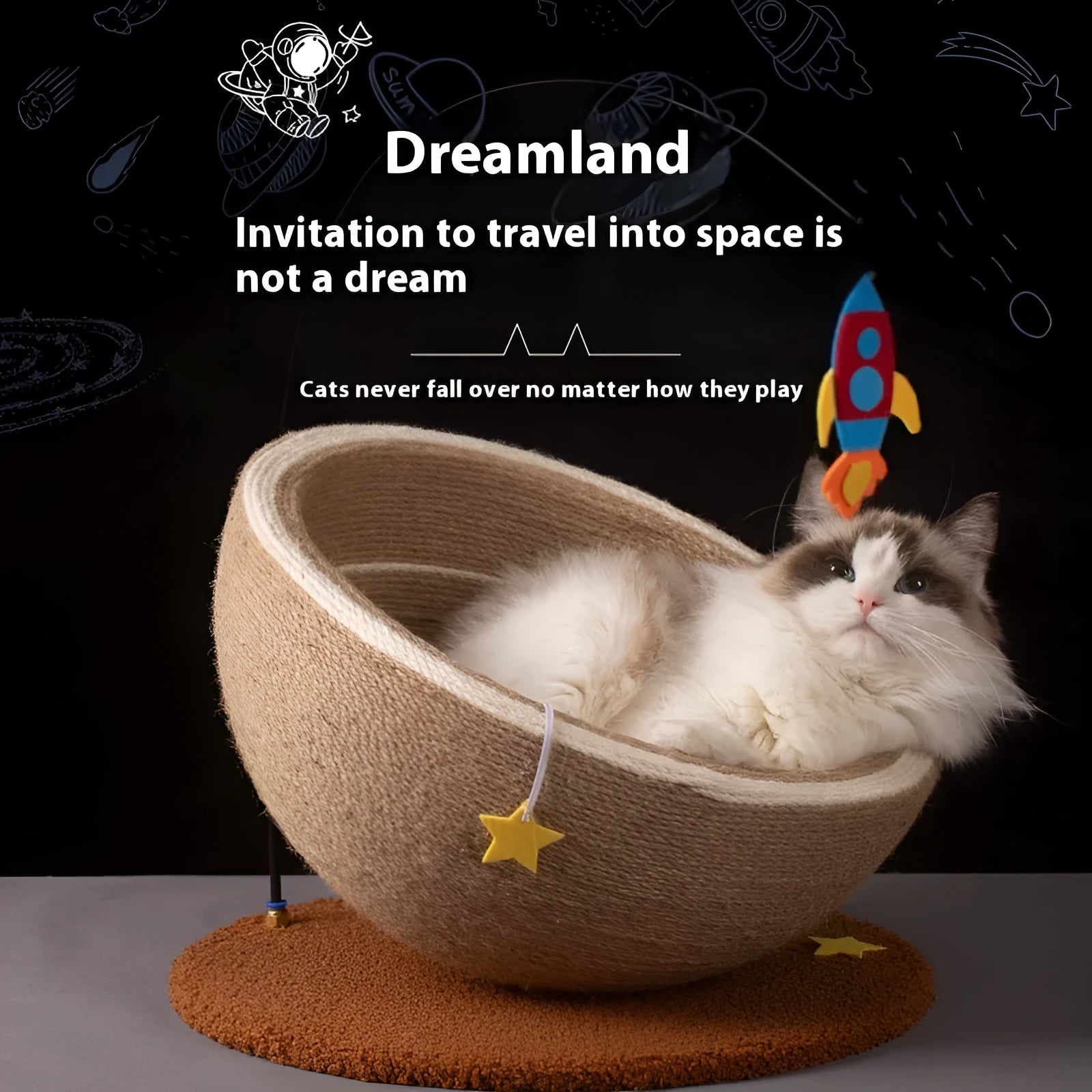 Large integrated cat scratching basin with sisal rope scratching surface and flannel-lined sleeping nest in starlight pattern