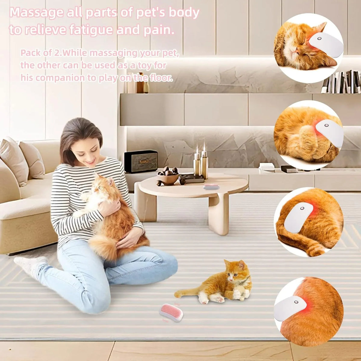 Pink handheld electric pet massage brush with soft teeth on a white background