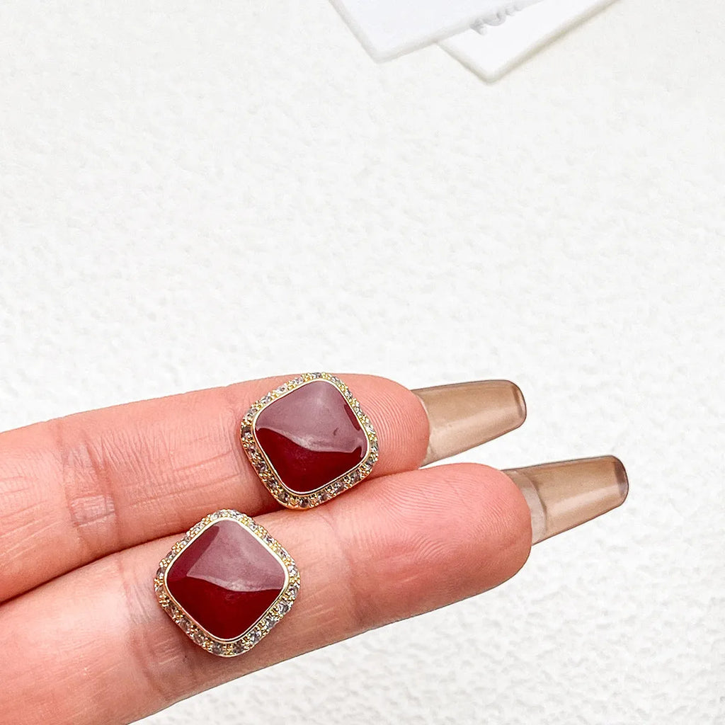 Red square geometric alloy earrings with retro style and simple inlaid design