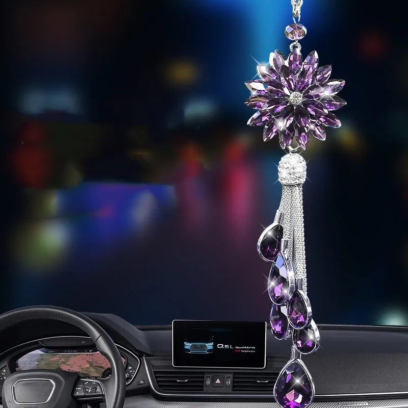 Car hanging ornament with comet and six water drop pendants, stainless steel, about 30cm long, in pink, purple, or white.