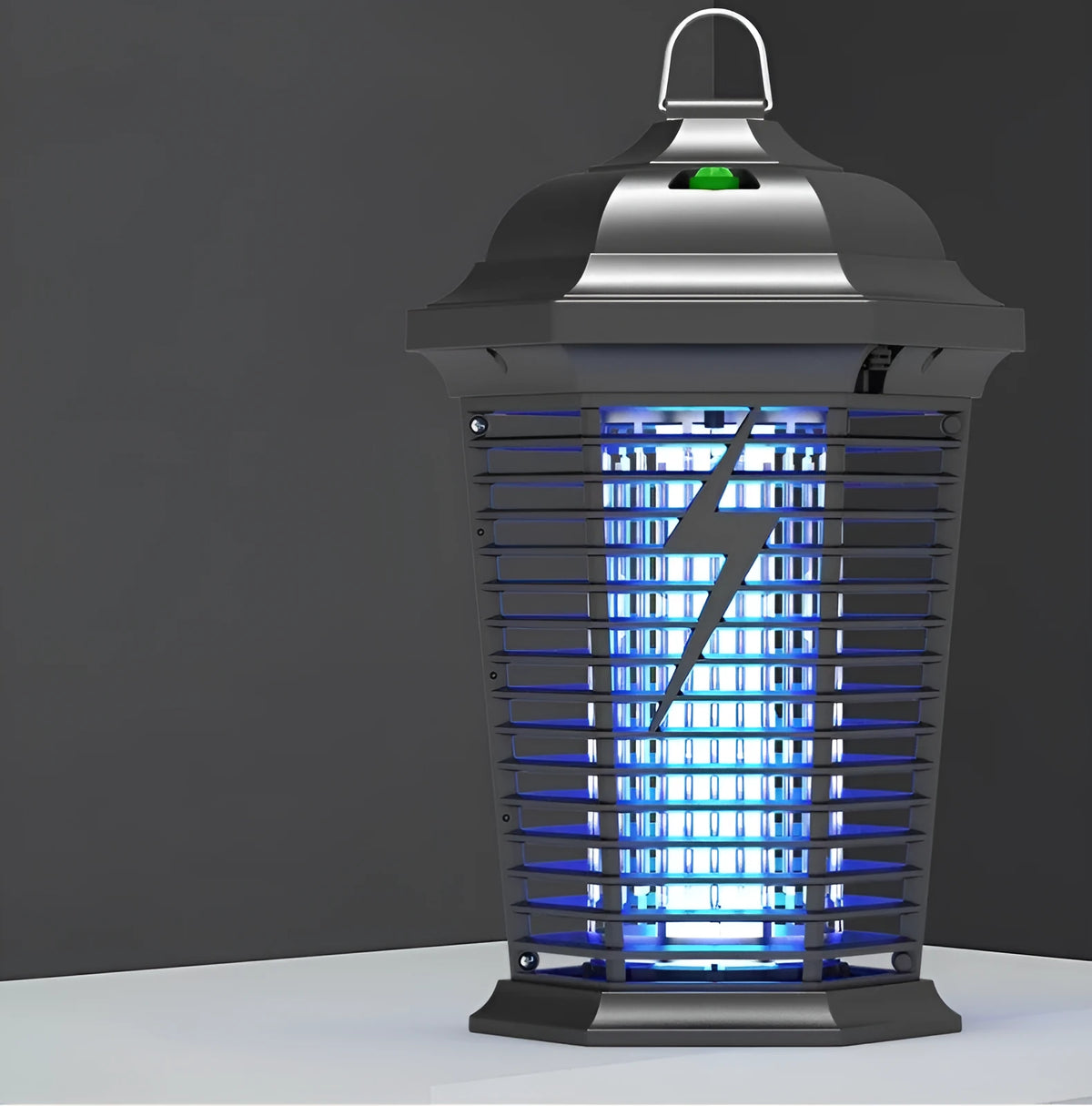 Black outdoor UVA mosquito catcher with electric shock grid and UV lamp for household insect control