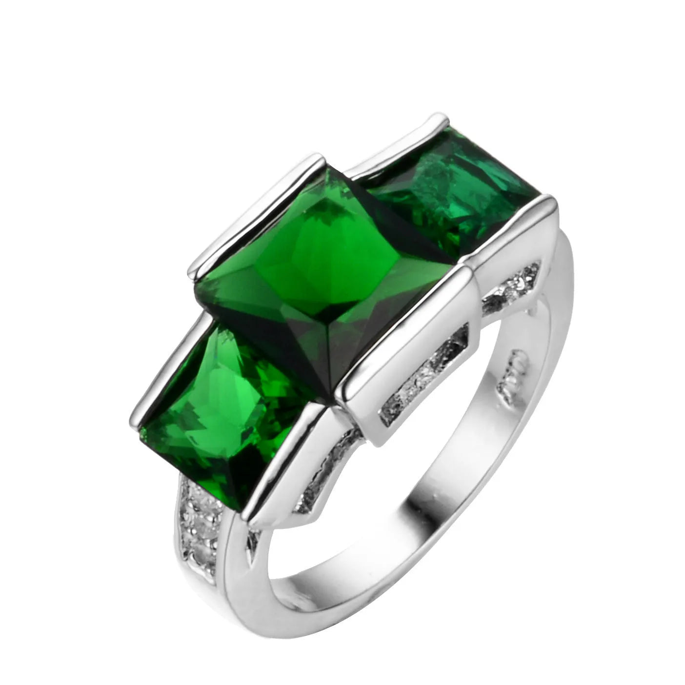 A set of colourful electroplated copper rings for women in sizes 6 to 10, showing apple green, champagne, and sapphire blue colours.