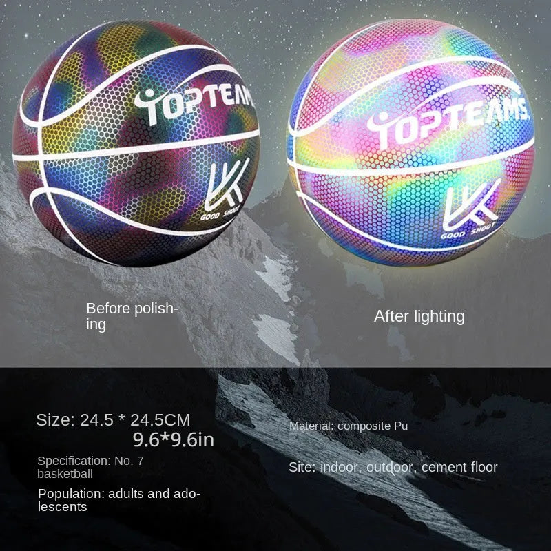 Size 7 holographic reflective basketball in chroma colour on a dark background.
