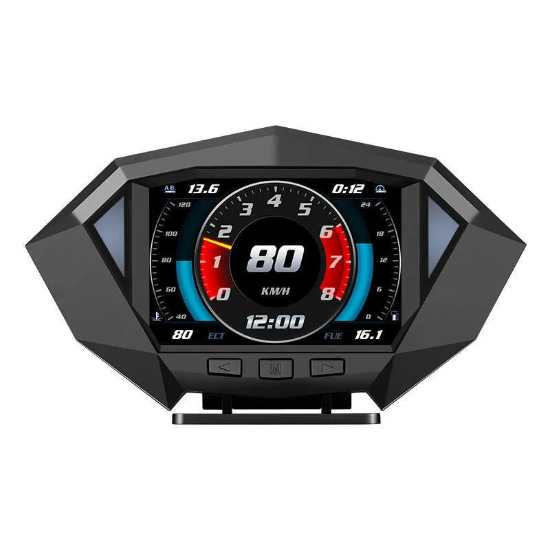 Black vehicle HUD head-up display unit with LCD screen showing driving information