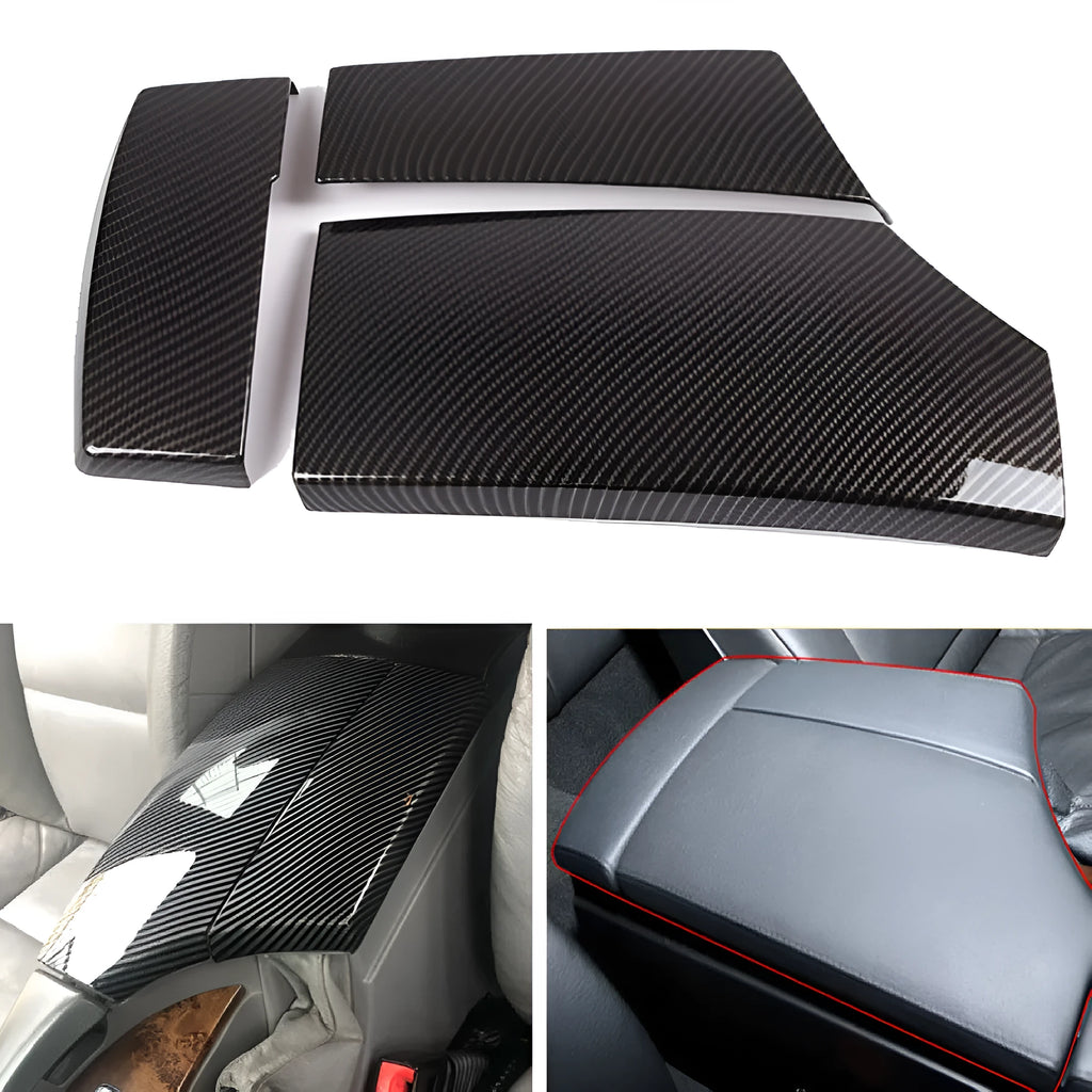 Three black ABS armrest box protective covers with a shiny carbon fibre weave pattern.